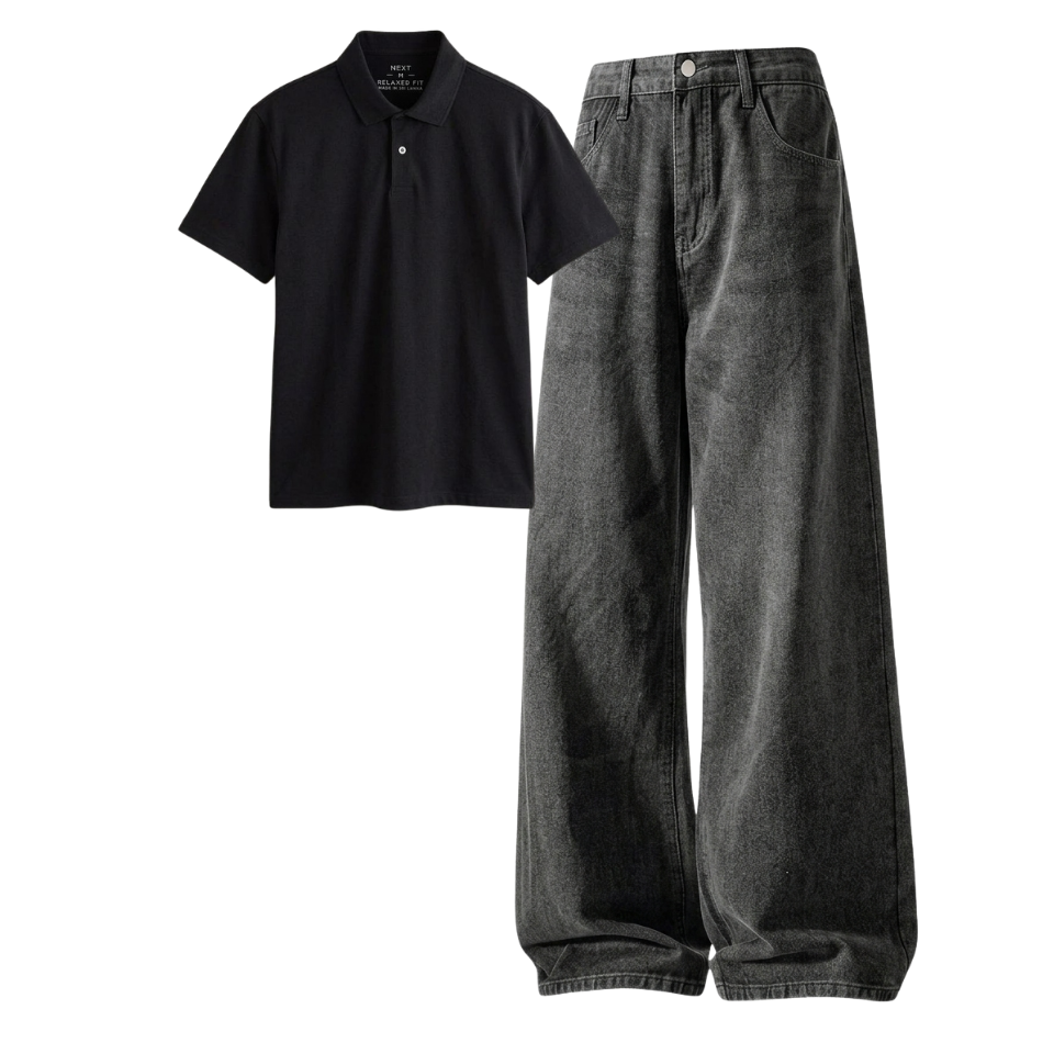 Acid Ash Wide-Leg Baggy Jeans With Polo