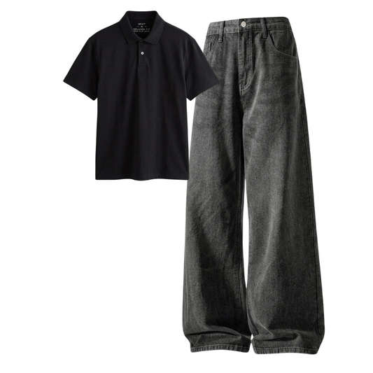 Acid Ash Wide-Leg Baggy Jeans With Polo