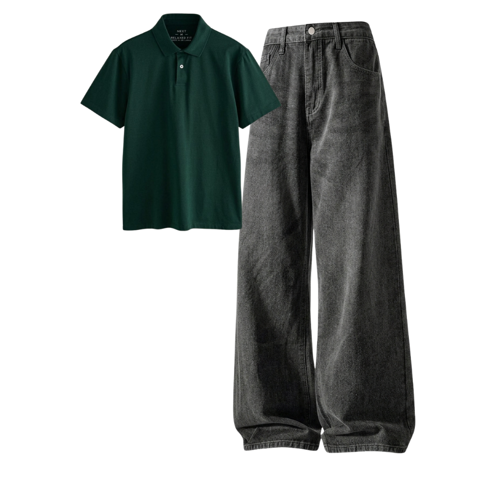 Acid Ash Wide-Leg Baggy Jeans With Polo