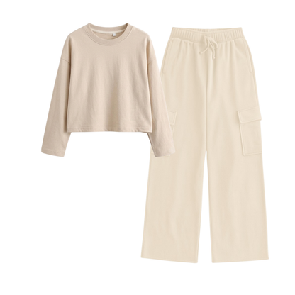 Cream Wide-Leg Cargo With Crop Full Sleeves T-Shirt