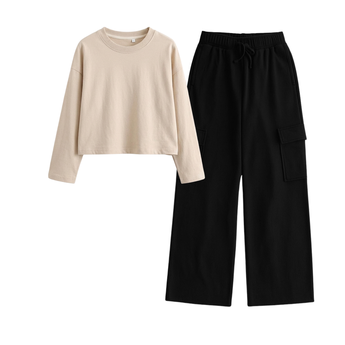 Black Wide-Leg Cargo With Crop Full Sleeves T-Shirt