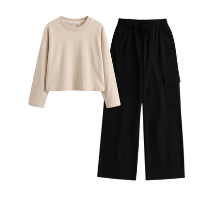 Black Wide-Leg Cargo With Crop Full Sleeves T-Shirt