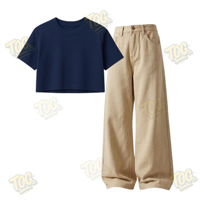 Beige Wide-Leg Baggy Jeans With Crop T-Shirt