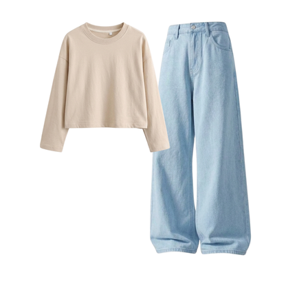 Iceblue Wide-Leg Baggy Jeans With Crop Full Sleeves T-Shirt