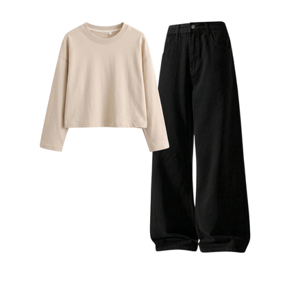 Black Wide-Leg Baggy Jeans With Crop Full Sleeves T-Shirt