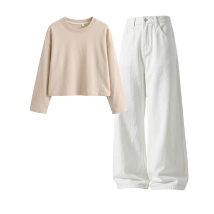 White Wide-Leg Baggy Jeans With Crop Full Sleeves T-Shirt