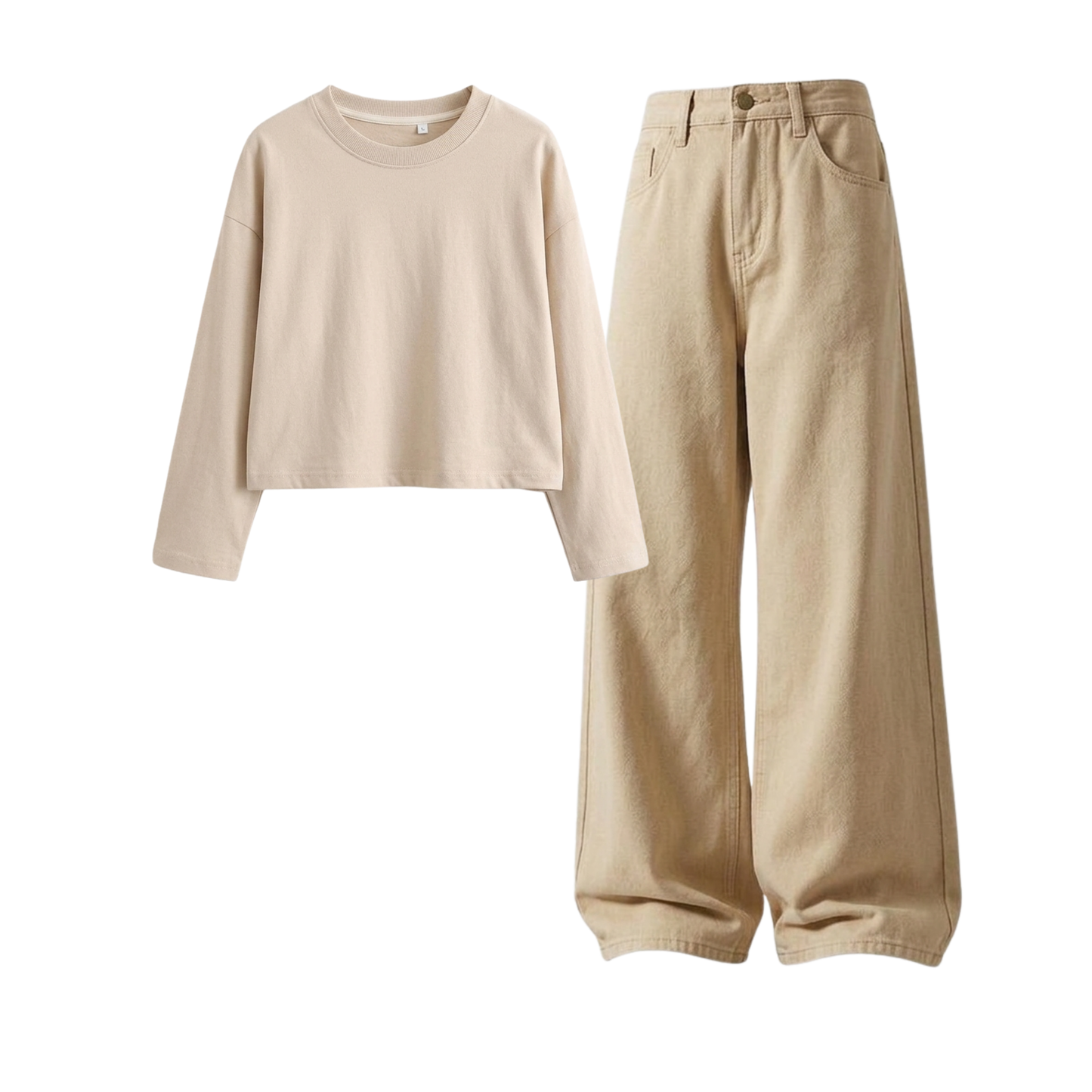 Beige Wide-Leg Baggy Jeans With Crop Full Sleeves T-Shirt