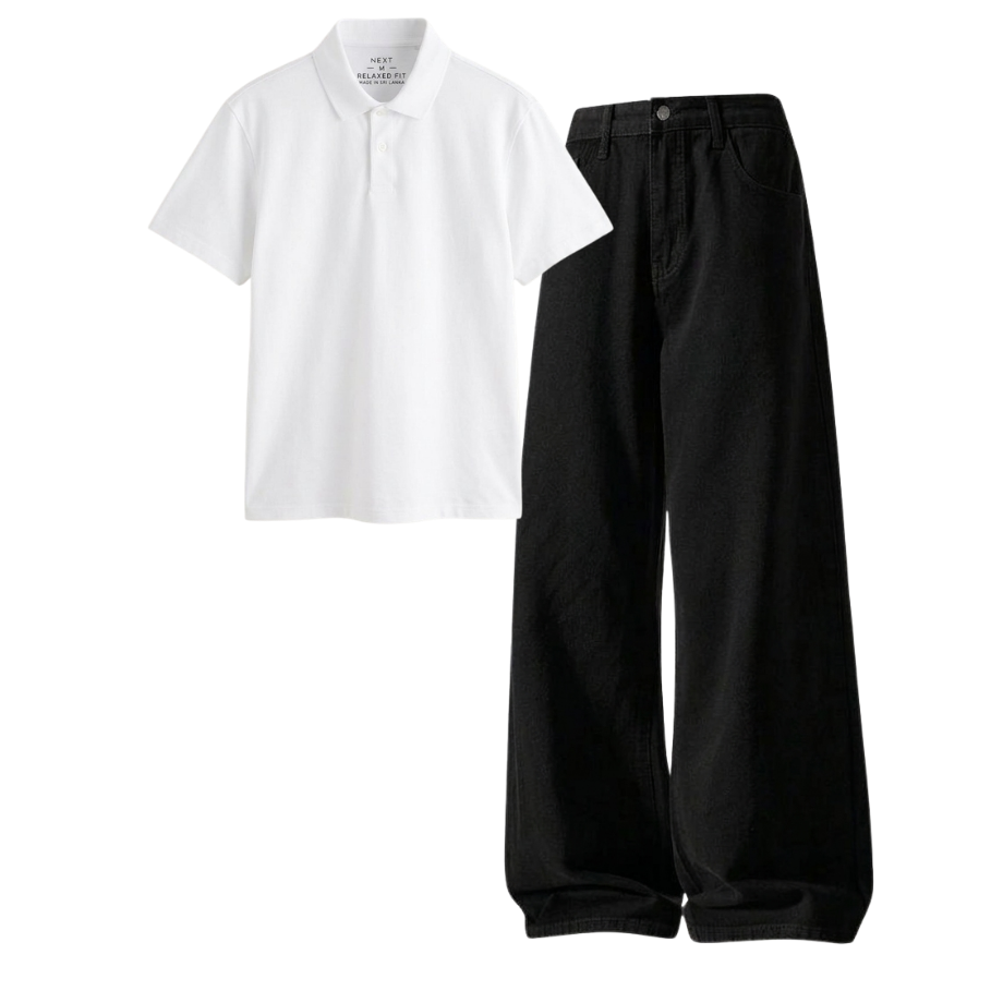 Black Wide-Leg Baggy Jeans With Polo