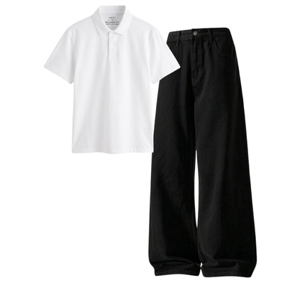 Black Wide-Leg Baggy Jeans With Polo