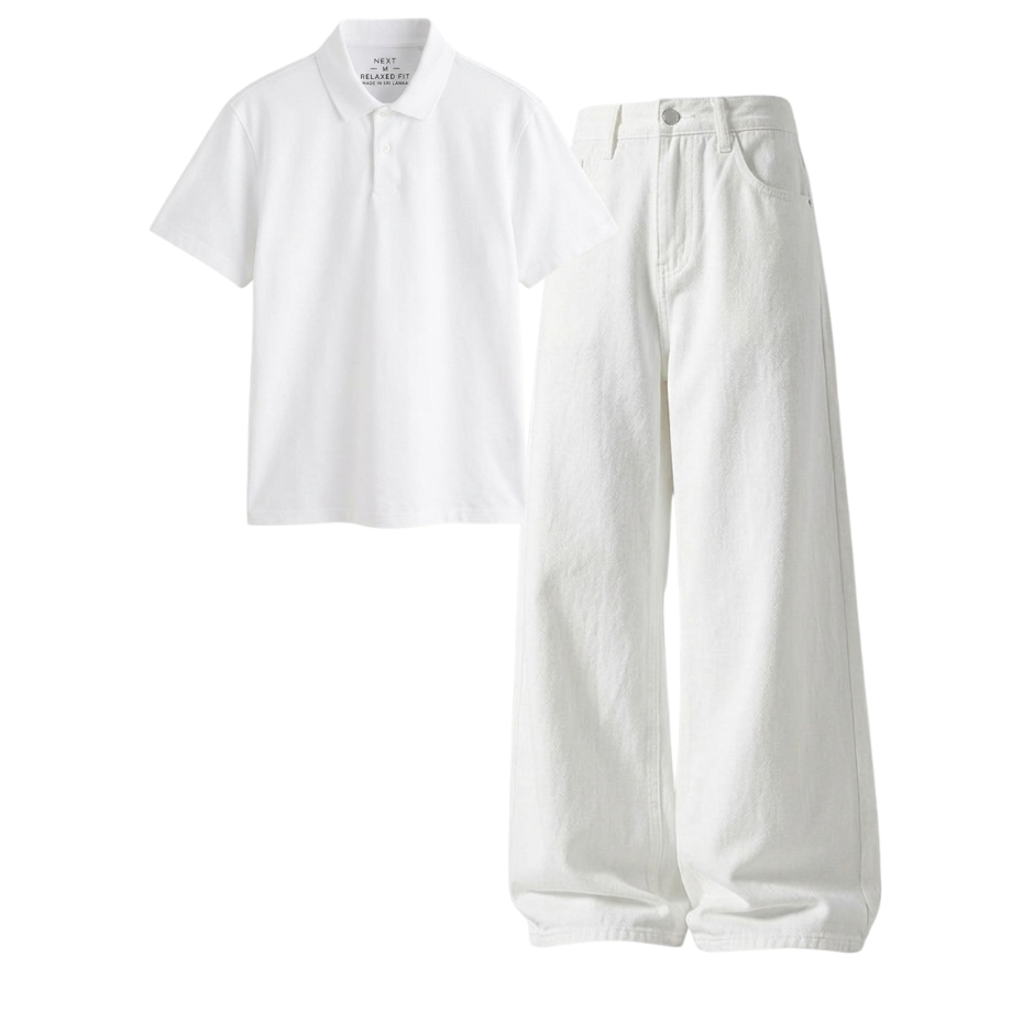 White Wide-Leg Baggy Jeans With Polo