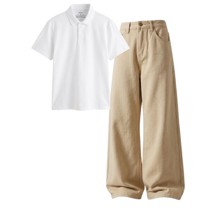 Beige Wide-Leg Baggy Jeans With Polo