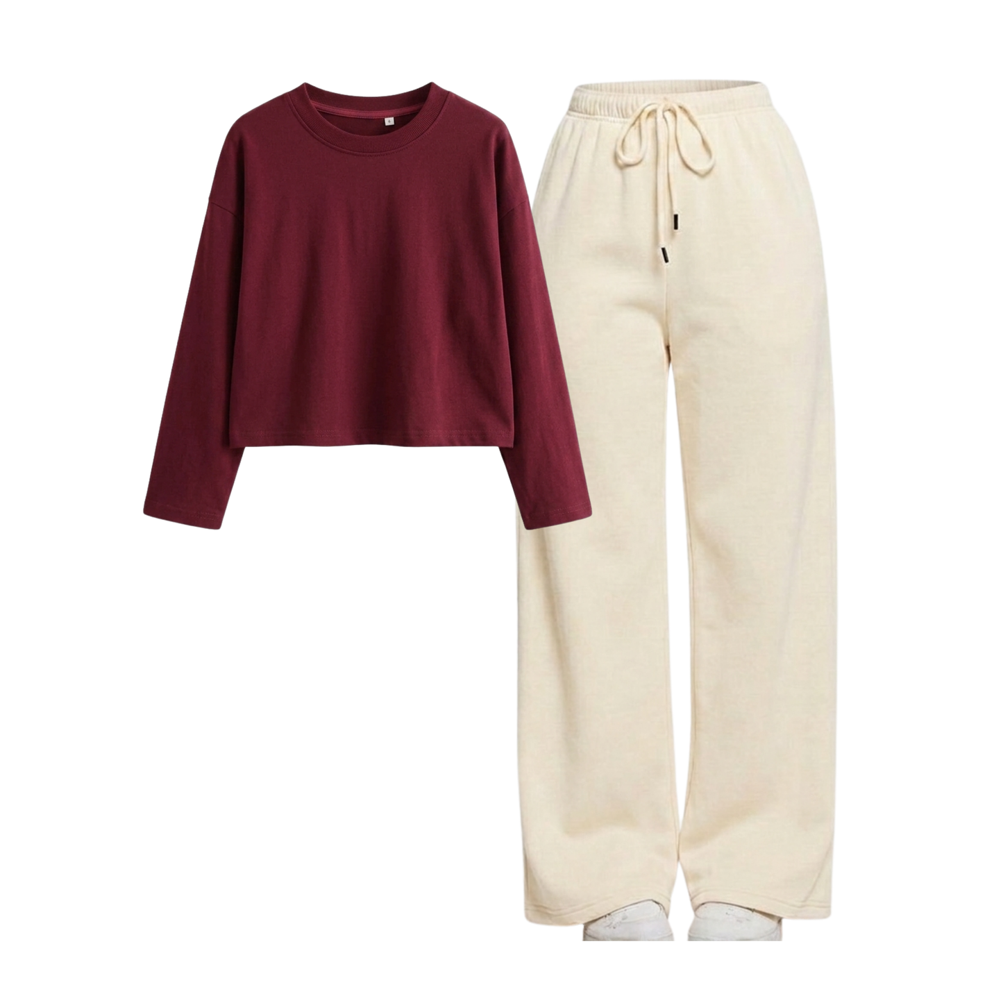 Beige Wide-Leg Trouser With Crop Full Sleeves T-Shirt