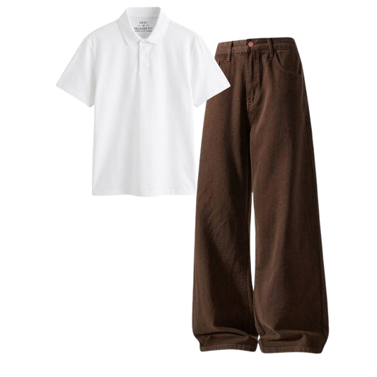 Brown Wide-Leg Baggy Jeans With Polo
