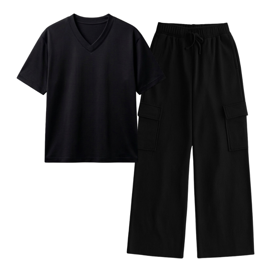 Black Wide-Leg Cargo With V-Neck T-Shirt