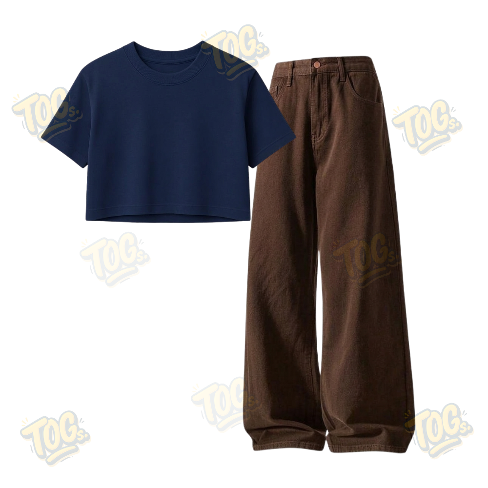 Brown Wide-Leg Baggy Jeans With Crop T-Shirt