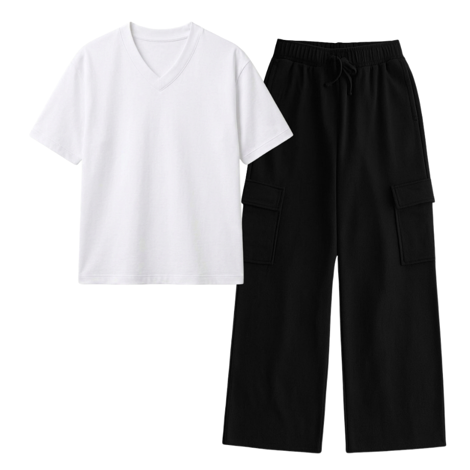 Black Wide-Leg Cargo With V-Neck T-Shirt
