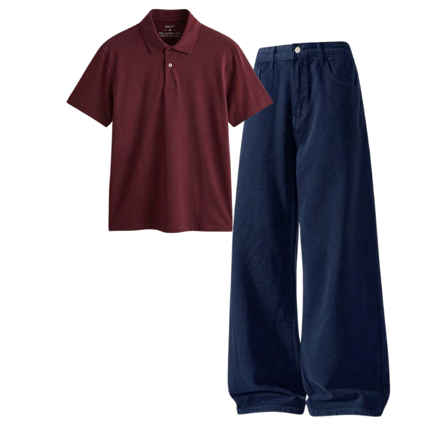 Darkblue Wide-Leg Baggy Jeans With Polo