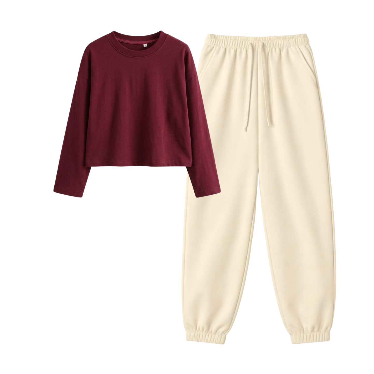 Cream Sweatpant With Crop Full Sleeves T-Shirt