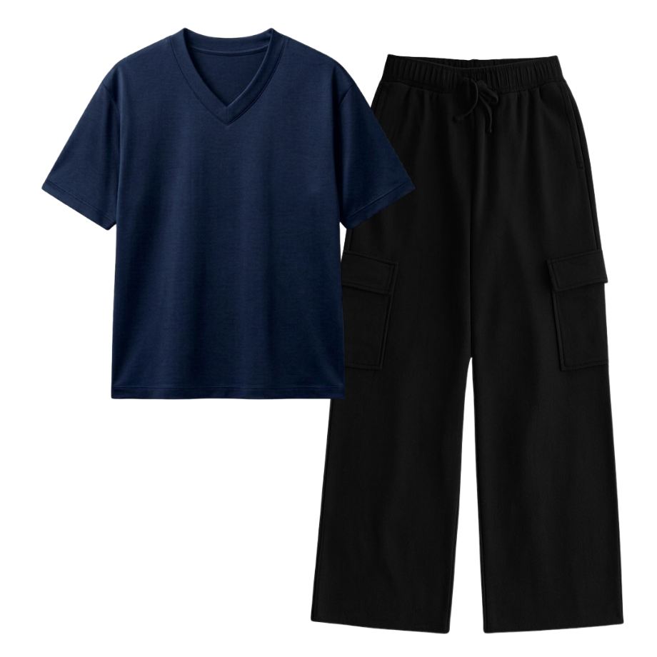 Black Wide-Leg Cargo With V-Neck T-Shirt