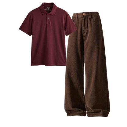 Brown Wide-Leg Baggy Jeans With Polo