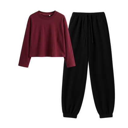 Black Sweatpant With Crop Full Sleeves T-Shirt