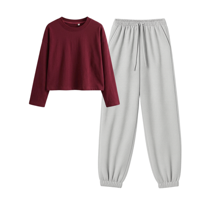 Lightgrey Sweatpant With Crop Full Sleeves T-Shirt