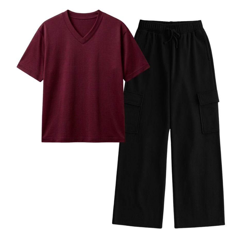 Black Wide-Leg Cargo With V-Neck T-Shirt