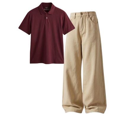 Beige Wide-Leg Baggy Jeans With Polo