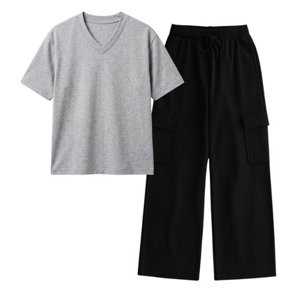 Black Wide-Leg Cargo With V-Neck T-Shirt