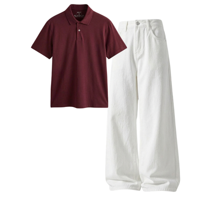 White Wide-Leg Baggy Jeans With Polo