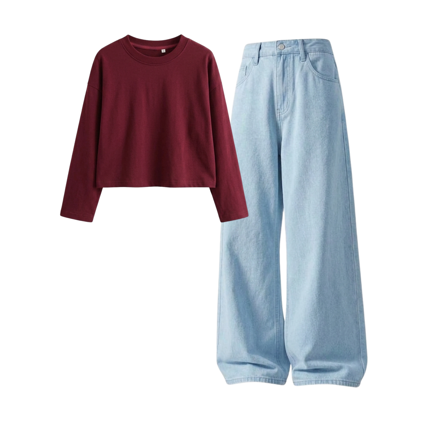 Iceblue Wide-Leg Baggy Jeans With Crop Full Sleeves T-Shirt