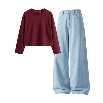 Iceblue Wide-Leg Baggy Jeans With Crop Full Sleeves T-Shirt