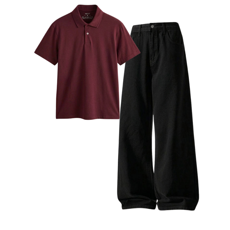 Black Wide-Leg Baggy Jeans With Polo