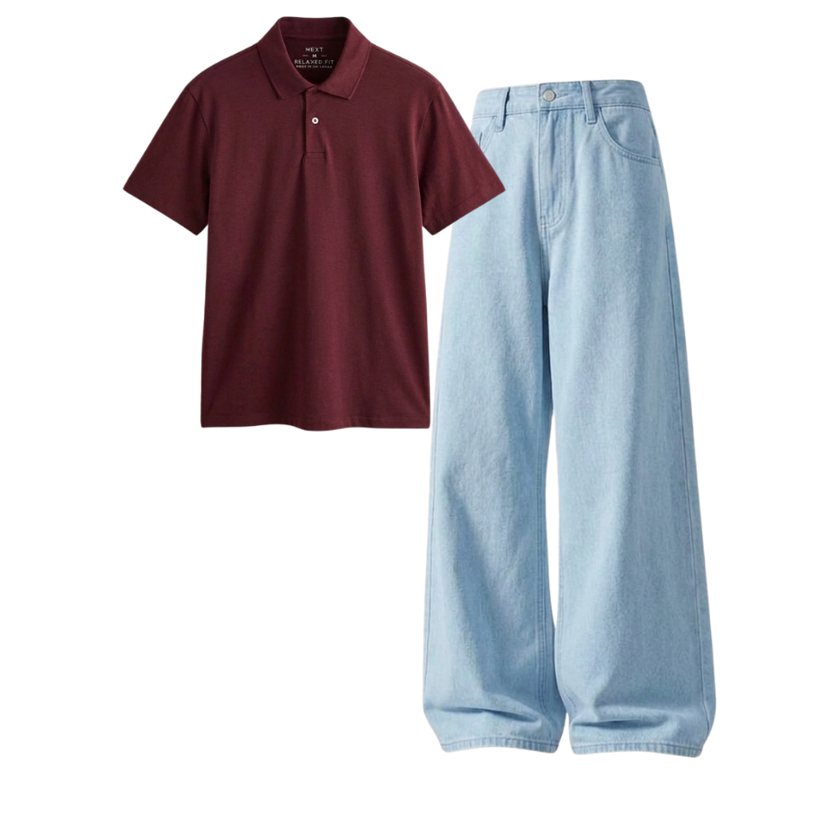 Iceblue Wide-Leg Baggy Jeans With Polo