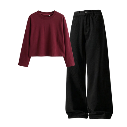 Black Wide-Leg Baggy Jeans With Crop Full Sleeves T-Shirt