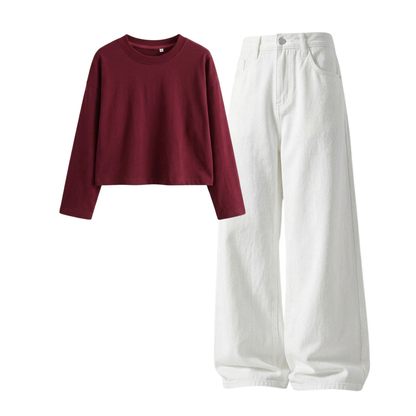White Wide-Leg Baggy Jeans With Crop Full Sleeves T-Shirt