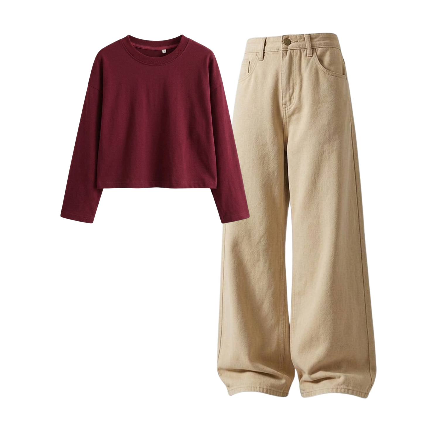 Beige Wide-Leg Baggy Jeans With Crop Full Sleeves T-Shirt