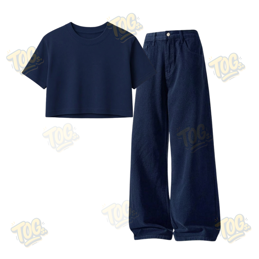 Darkblue Wide-Leg Baggy Jeans With Crop T-Shirt