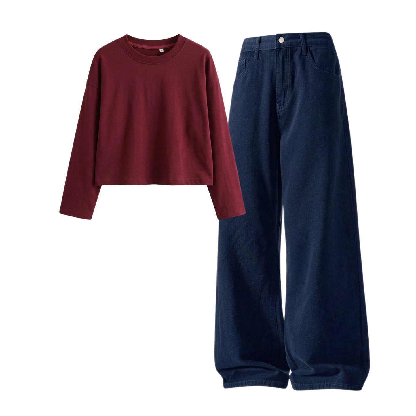 Darkblue Wide-Leg Baggy Jeans With Crop Full Sleeves T-Shirt