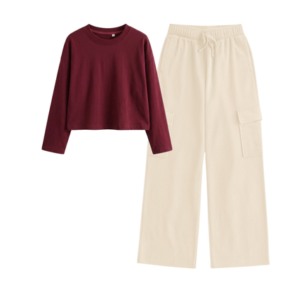 Cream Wide-Leg Cargo With Crop Full Sleeves T-Shirt