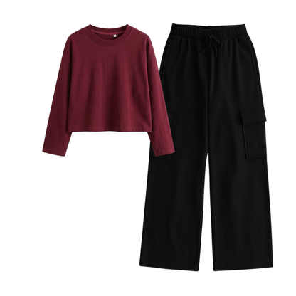 Black Wide-Leg Cargo With Crop Full Sleeves T-Shirt