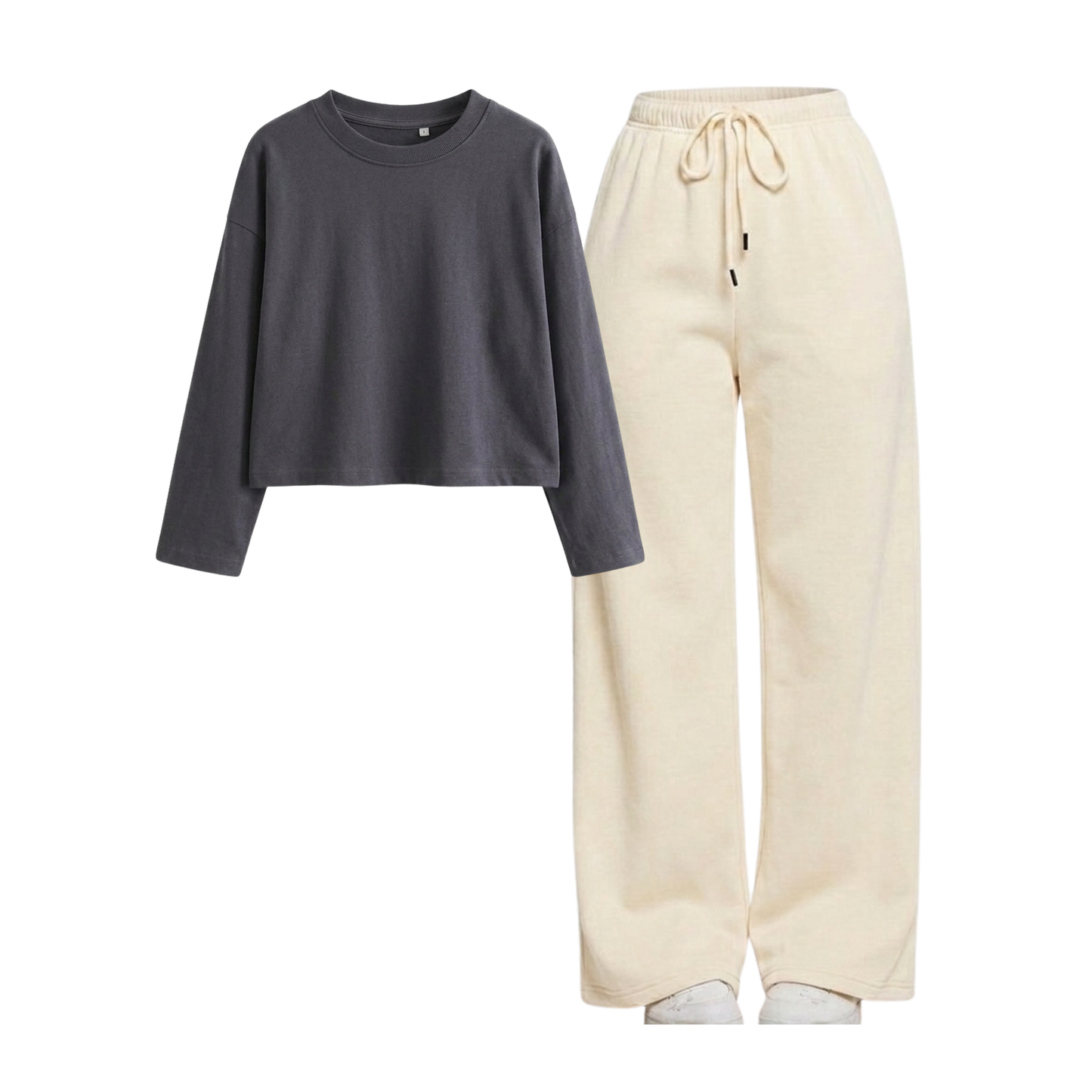 Beige Wide-Leg Trouser With Crop Full Sleeves T-Shirt