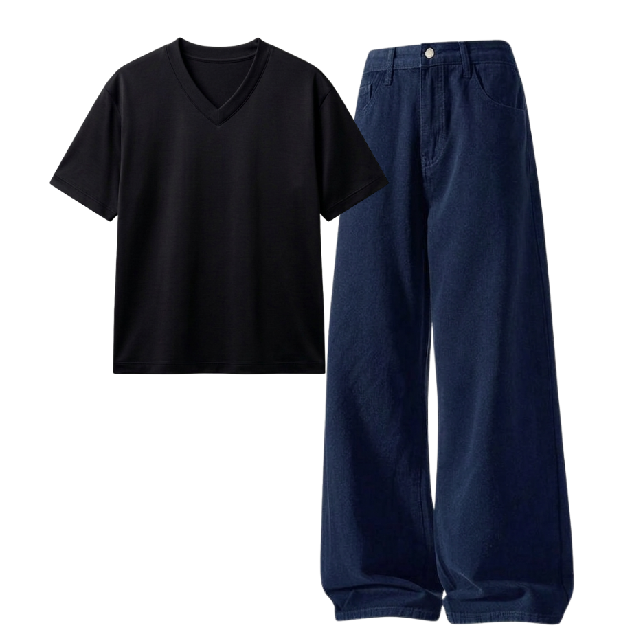 Darkblue Wide-Leg Baggy Jeans With V-Neck T-Shirt