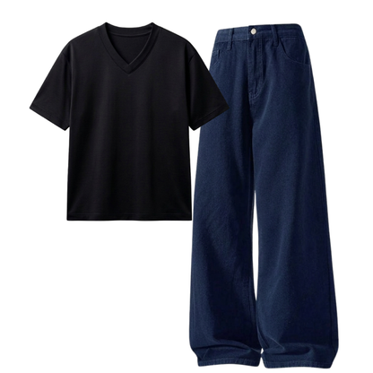 Darkblue Wide-Leg Baggy Jeans With V-Neck T-Shirt