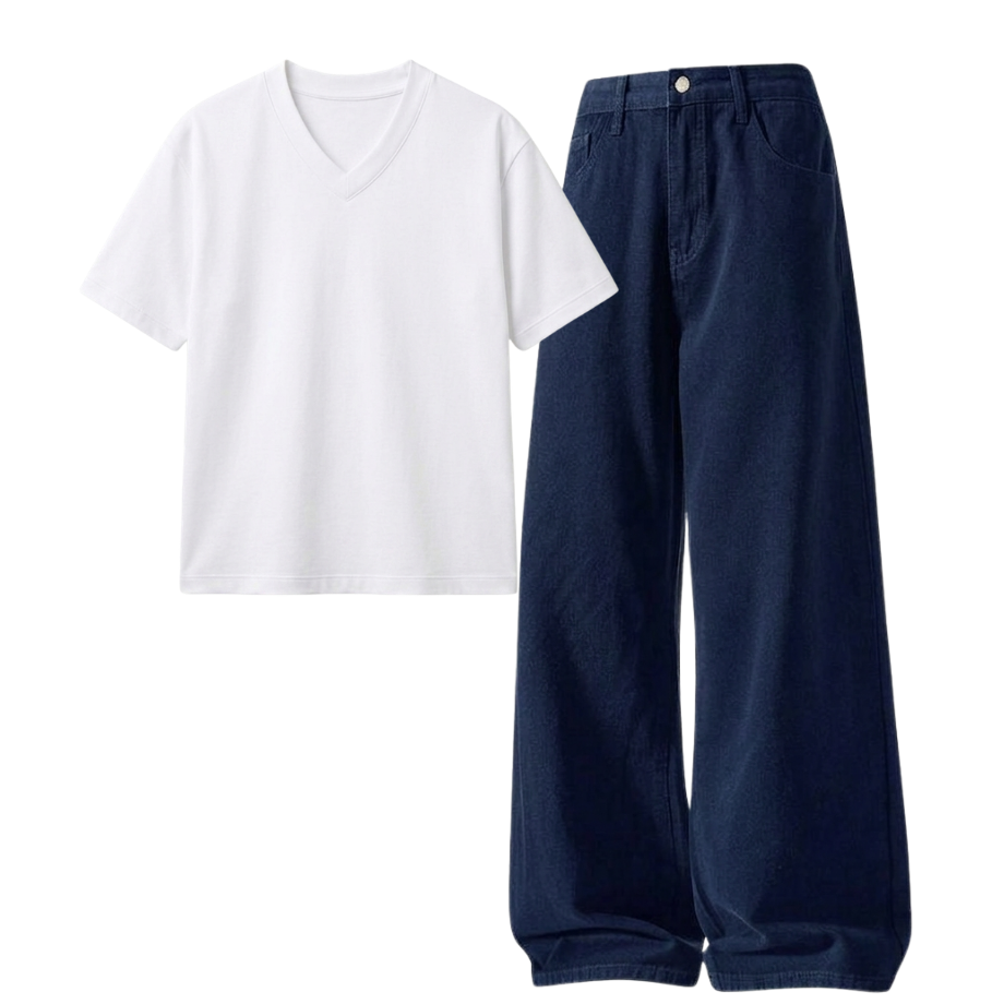 Darkblue Wide-Leg Baggy Jeans With V-Neck T-Shirt