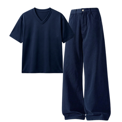Darkblue Wide-Leg Baggy Jeans With V-Neck T-Shirt