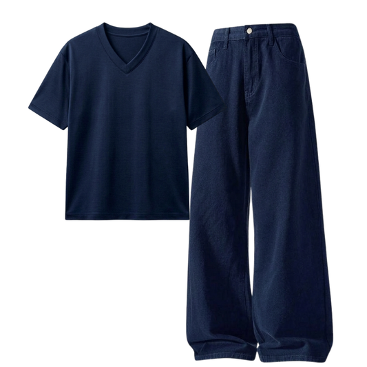 Darkblue Wide-Leg Baggy Jeans With V-Neck T-Shirt