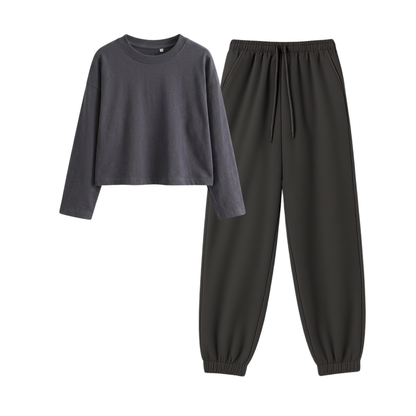 Charcoalgrey Sweatpant With Crop Full Sleeves T-Shirt