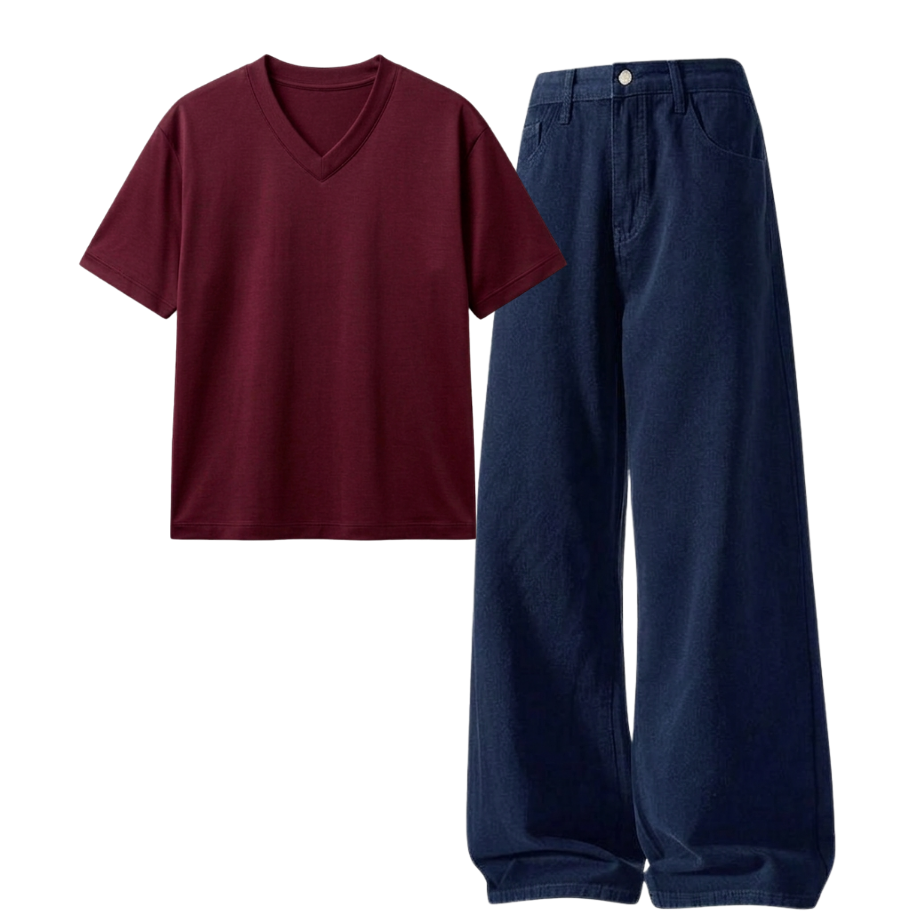 Darkblue Wide-Leg Baggy Jeans With V-Neck T-Shirt