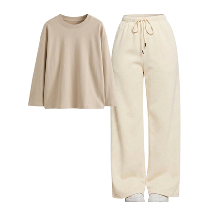 Beige Wide-Leg Trouser With Full Sleeves T-Shirts